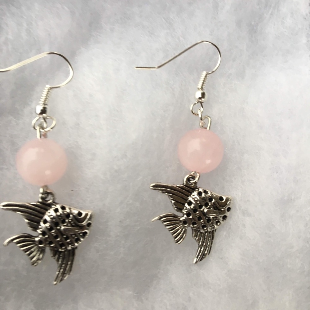 Pink Rose Quartz Angelfish Dangle Earrings - Picture 3 of 8
